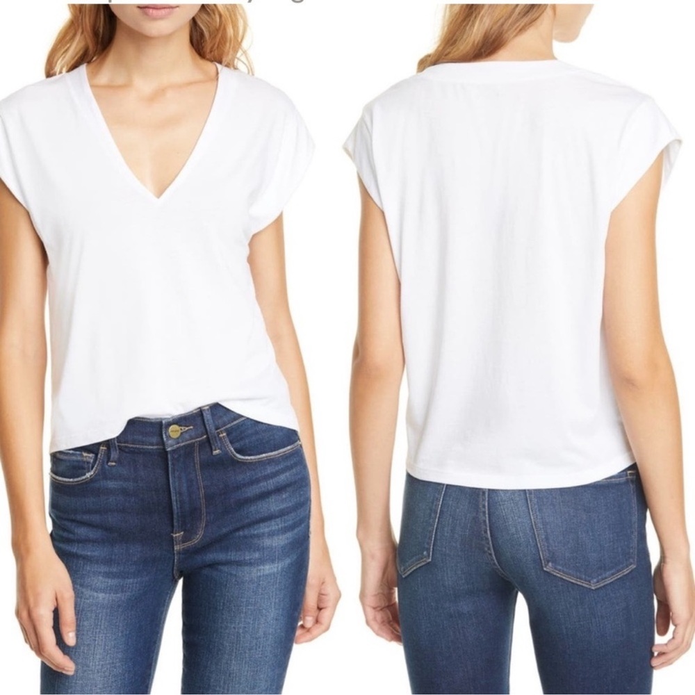 Frame White Le Mid Rise V Neck Short Sleeve Oversized T-shirt Size Small